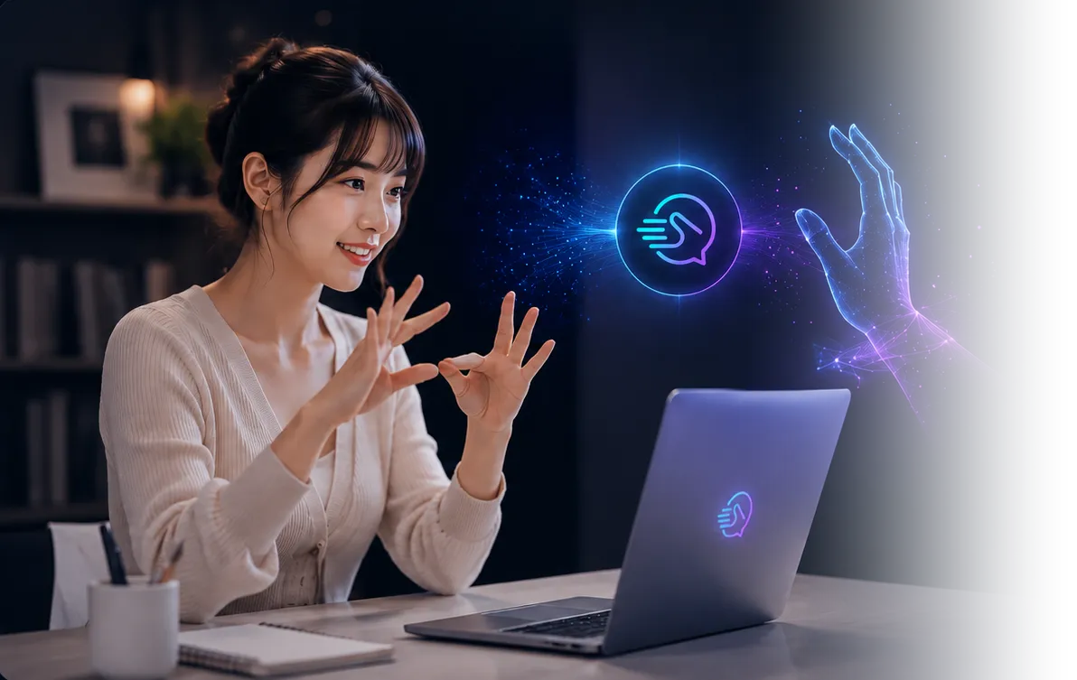 Educator signing toward a laptop with a glowing tracked hand