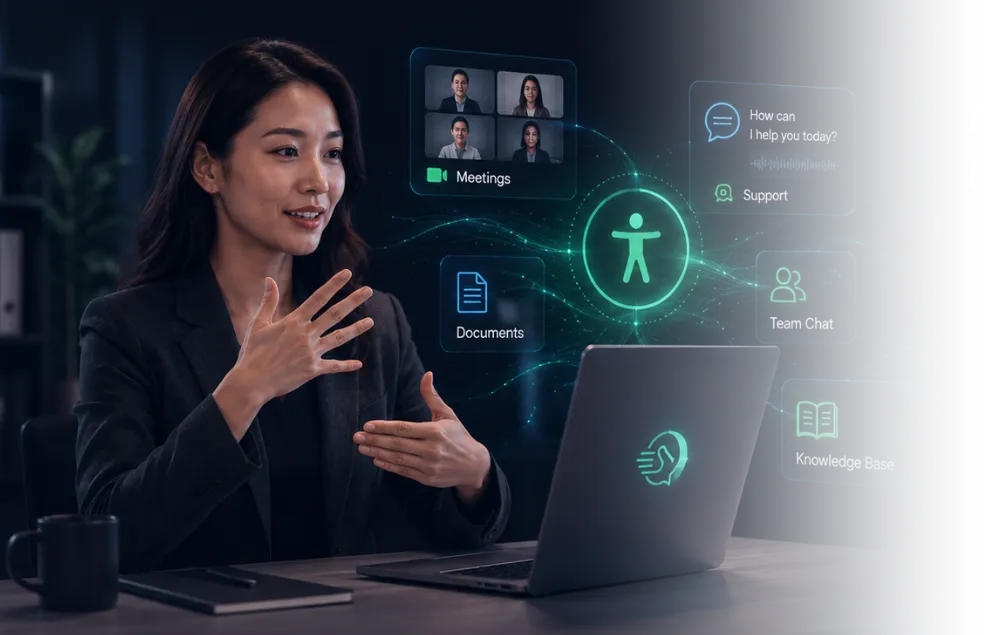 Professional signing at a laptop surrounded by workflow app panels