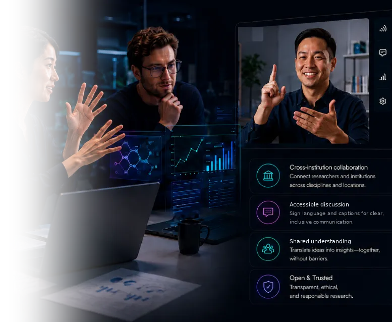 Researchers signing in a lab beside a video call with captions (illustration)