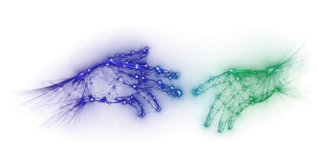Two glowing wireframe hands reaching toward each other